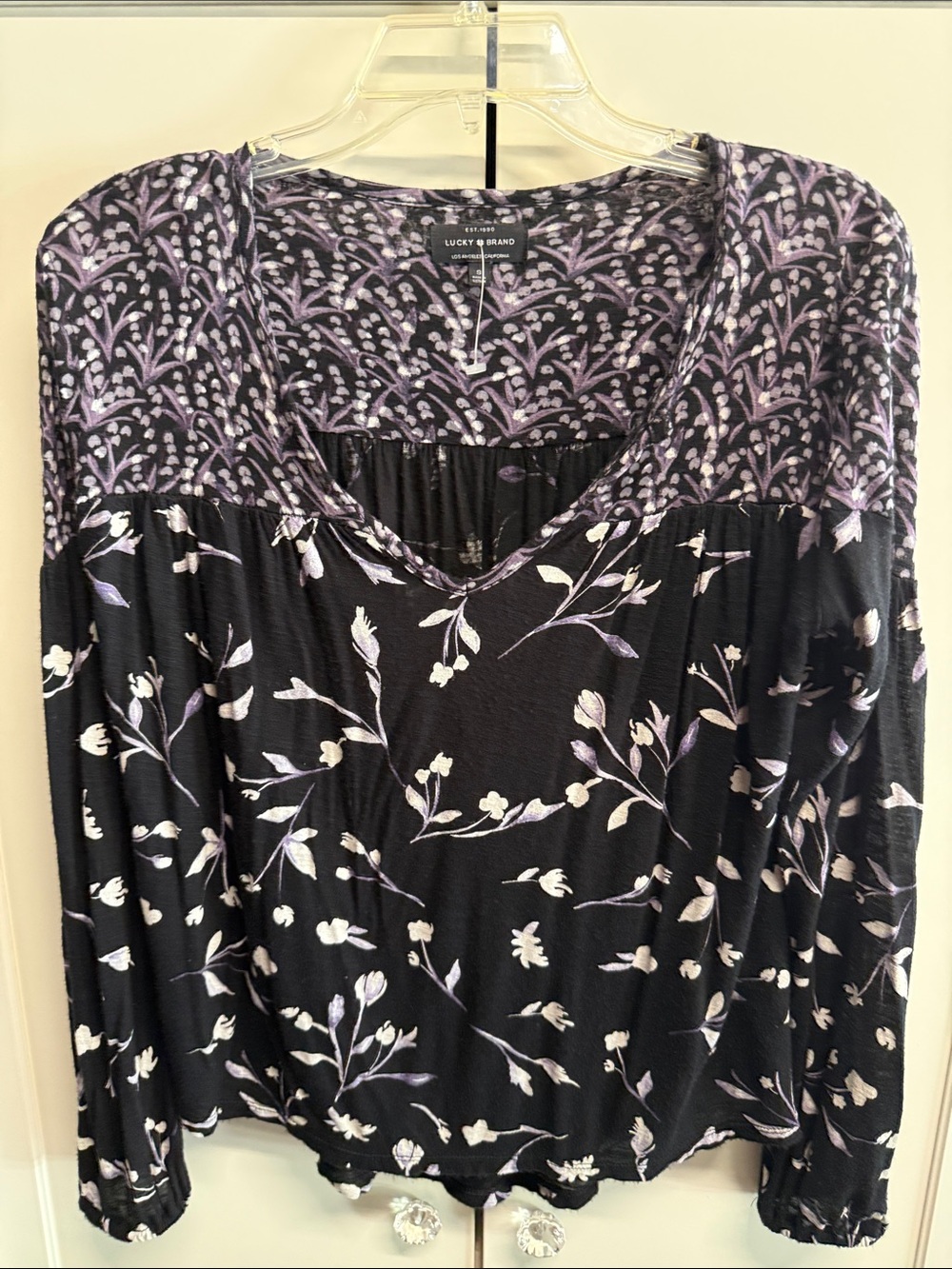 Lucky Brand Black Floral V-Neck Blouse with Lavender Accents